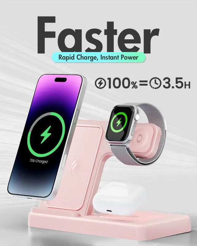 Alt view image 5 of 7 - Wireless Charger Stand Charging Station: 3 in 1 Charger Stand Multiple Devices for Apple - iPhone 17 16e 16 15 14 Pro Max 13 12 11 - Watch 10 9 8 7 6 5 4 3 2 SE and Ultra Series-Airpods 4 3 Pro, Pink