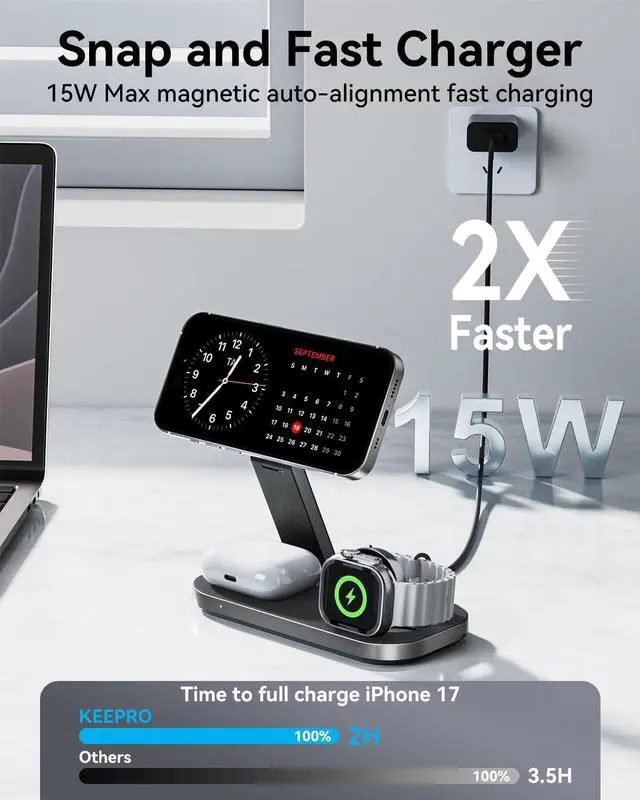 Alt view image 2 of 7 - 3 in 1 Wireless Charging Station for Apple Devices, Magnetic Foldable Fast Charger Stand Compatible with MagSafe for iPhone Air/17/16/15/14/13/12 Series, Apple Watch & AirPods Pro/4/3/2