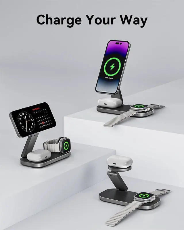 Alt view image 6 of 7 - 3 in 1 Wireless Charging Station for Apple Devices, Magnetic Foldable Fast Charger Stand Compatible with MagSafe for iPhone Air/17/16/15/14/13/12 Series, Apple Watch & AirPods Pro/4/3/2