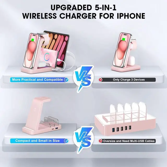 Alt view image 2 of 6 - GAUOLN Wireless Charger for iPhone - 5 in 1 Charging Station for Multiple Devices Apple: Wireless Charging Stand Dock for iPhone 17 16e 16 15 14 13 12 Pro Max Apple Watch Airpods