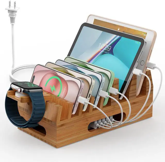 Main image of Pezin & Hulin Bamboo Charging Station Holder with 5 Port USB Charger, 5 x Charge Cables, Watch Stand, Wood Docking Stand Electronic Organizer for Multiple Devices, Phones, Tablets and More