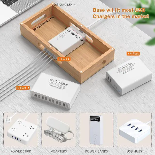 Alt view image 5 of 7 - Pezin & Hulin Bamboo Charging Station Holder with 5 Port USB Charger, 5 x Charge Cables, Watch Stand, Wood Docking Stand Electronic Organizer for Multiple Devices, Phones, Tablets and More