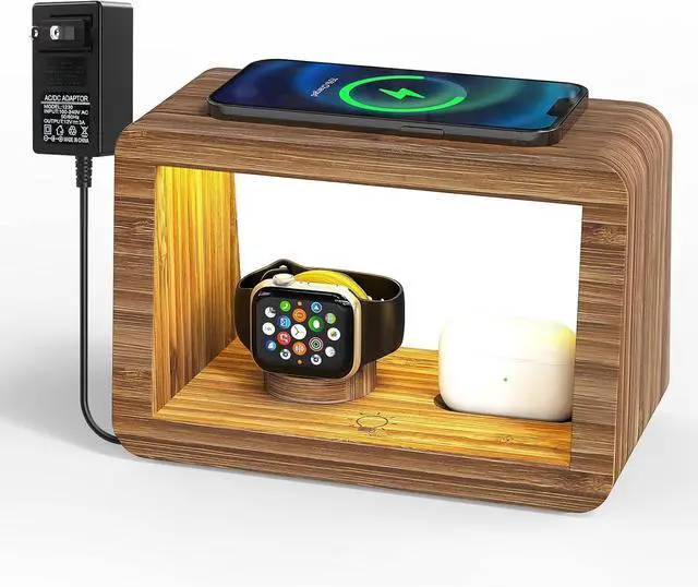 Main image of Bamboo Charging Station for Multiple Devices, 15W Fast Wireless Charger Night Light with 3 Color & 4 Adjustable Brightness, Night Stand Charger Station for iPhone/iWatch/AirPods/Samsung with Adapter