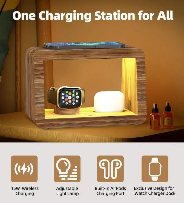 Alt view image 4 of 7 - Bamboo Charging Station for Multiple Devices, 15W Fast Wireless Charger Night Light with 3 Color & 4 Adjustable Brightness, Night Stand Charger Station for iPhone/iWatch/AirPods/Samsung with Adapter