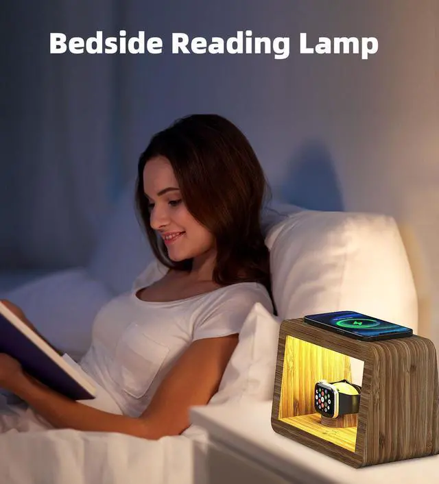 Alt view image 2 of 7 - Bamboo Charging Station for Multiple Devices, 15W Fast Wireless Charger Night Light with 3 Color & 4 Adjustable Brightness, Night Stand Charger Station for iPhone/iWatch/AirPods/Samsung with Adapter