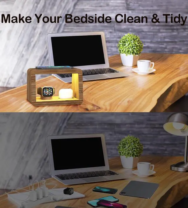 Alt view image 5 of 7 - Bamboo Charging Station for Multiple Devices, 15W Fast Wireless Charger Night Light with 3 Color & 4 Adjustable Brightness, Night Stand Charger Station for iPhone/iWatch/AirPods/Samsung with Adapter