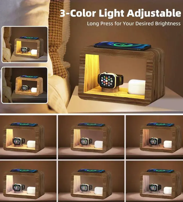 Alt view image 3 of 7 - Bamboo Charging Station for Multiple Devices, 15W Fast Wireless Charger Night Light with 3 Color & 4 Adjustable Brightness, Night Stand Charger Station for iPhone/iWatch/AirPods/Samsung with Adapter