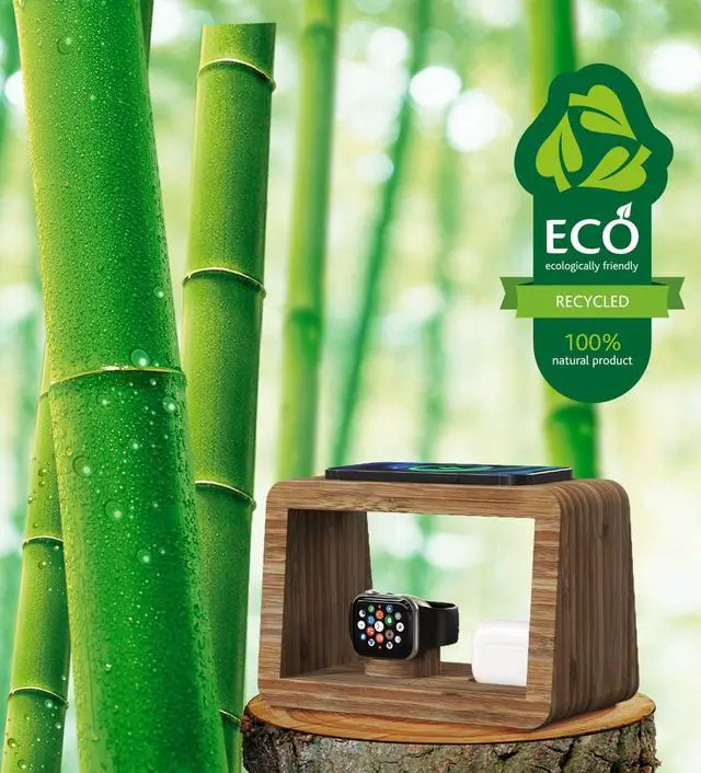 Alt view image 6 of 7 - Bamboo Charging Station for Multiple Devices, 15W Fast Wireless Charger Night Light with 3 Color & 4 Adjustable Brightness, Night Stand Charger Station for iPhone/iWatch/AirPods/Samsung with Adapter