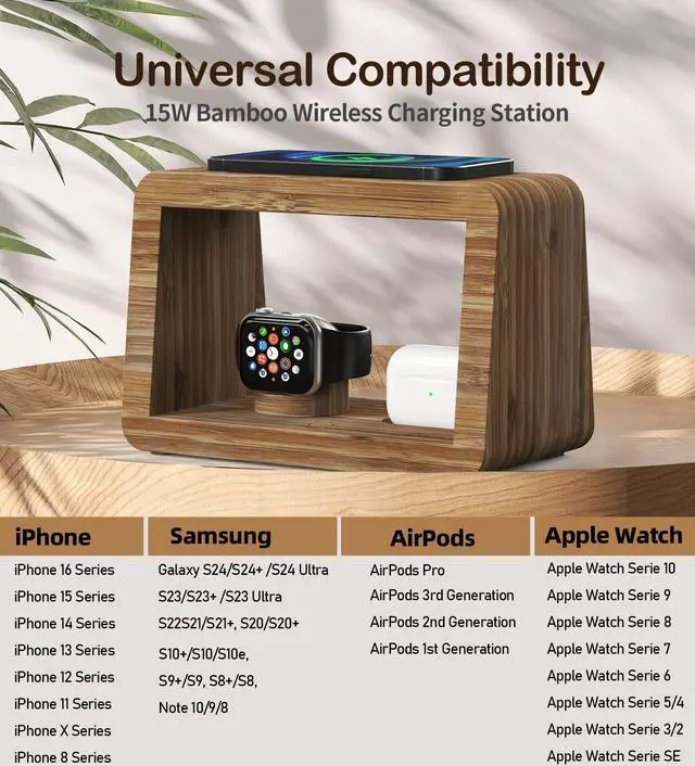 Alt view image 7 of 7 - Bamboo Charging Station for Multiple Devices, 15W Fast Wireless Charger Night Light with 3 Color & 4 Adjustable Brightness, Night Stand Charger Station for iPhone/iWatch/AirPods/Samsung with Adapter