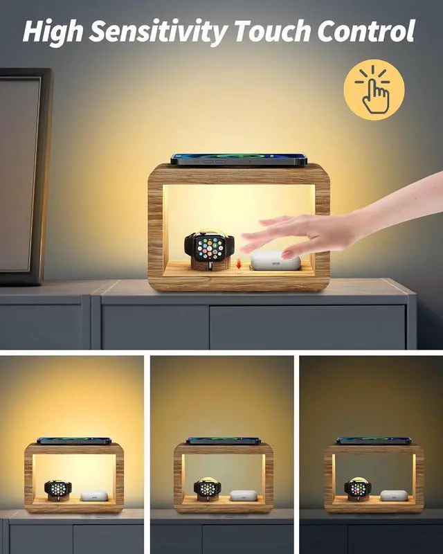 Alt view image 2 of 7 - Bamboo Wireless Charging Station: 3-in-1 Wireless Charger with Night Lights - Fast Charging Stand Compatible with iPhone 16/15/14/13/12 Pro Max/X/Xs Max/8, AirPods Pro, Watch Series 10/9/8/7/6/5-2/SE