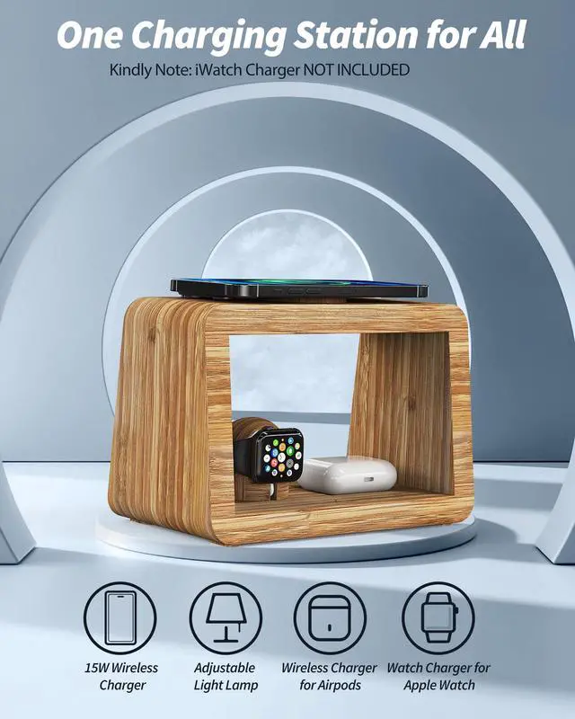Alt view image 4 of 7 - Bamboo Wireless Charging Station: 3-in-1 Wireless Charger with Night Lights - Fast Charging Stand Compatible with iPhone 16/15/14/13/12 Pro Max/X/Xs Max/8, AirPods Pro, Watch Series 10/9/8/7/6/5-2/SE