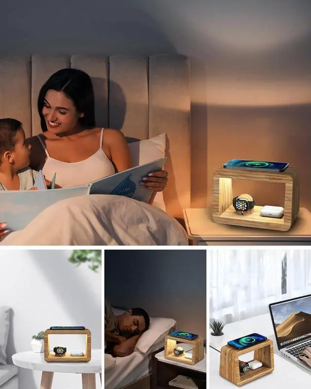 Alt view image 6 of 7 - Bamboo Wireless Charging Station: 3-in-1 Wireless Charger with Night Lights - Fast Charging Stand Compatible with iPhone 16/15/14/13/12 Pro Max/X/Xs Max/8, AirPods Pro, Watch Series 10/9/8/7/6/5-2/SE