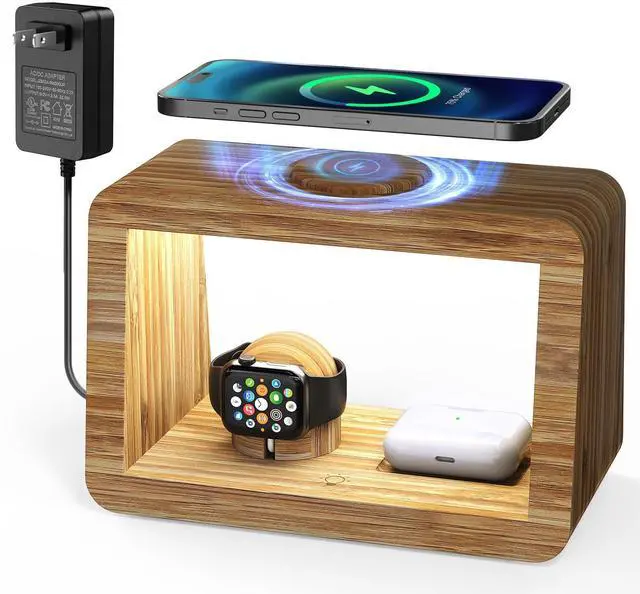Main image of Bamboo Wireless Charging Station: 3-in-1 Wireless Charger with Night Lights - Fast Charging Stand Compatible with iPhone 16/15/14/13/12 Pro Max/X/Xs Max/8, AirPods Pro, Watch Series 10/9/8/7/6/5-2/SE