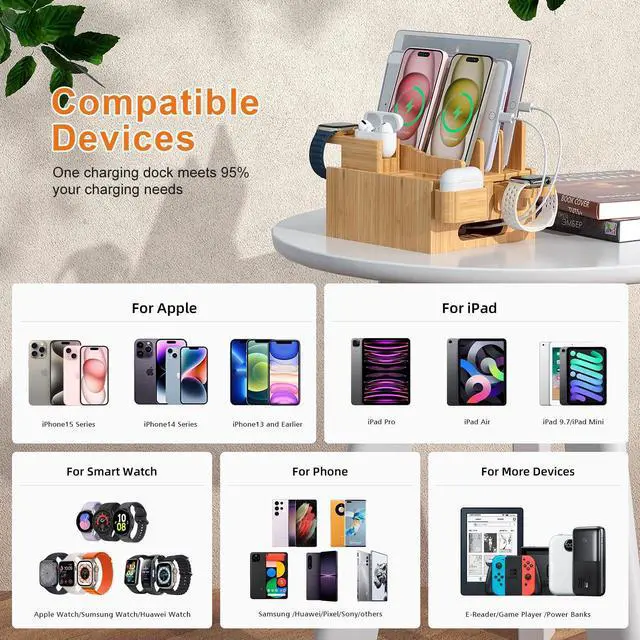 Alt view image 2 of 7 - Pezin & Hulin Multiple USB Charging Station, Wooden Bamboo Dock Station for Cell Phones, Tablets, Earpods and Smart Watch, Including Power Charger HUB, 5 Cables -Natural Bamboo