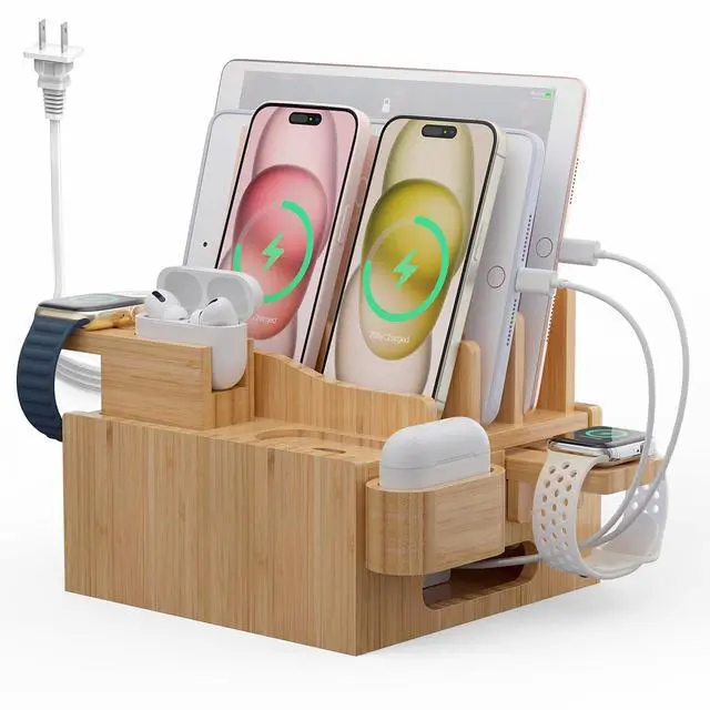 Main image of Pezin & Hulin Multiple USB Charging Station, Wooden Bamboo Dock Station for Cell Phones, Tablets, Earpods and Smart Watch, Including Power Charger HUB, 5 Cables -Natural Bamboo