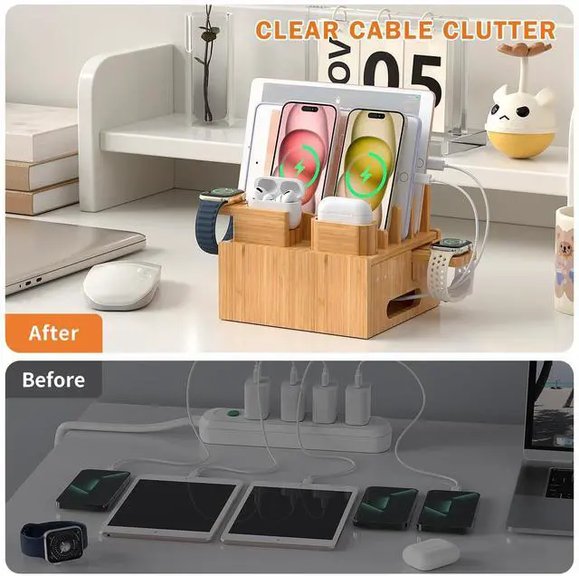 Alt view image 6 of 7 - Pezin & Hulin Multiple USB Charging Station, Wooden Bamboo Dock Station for Cell Phones, Tablets, Earpods and Smart Watch, Including Power Charger HUB, 5 Cables -Natural Bamboo