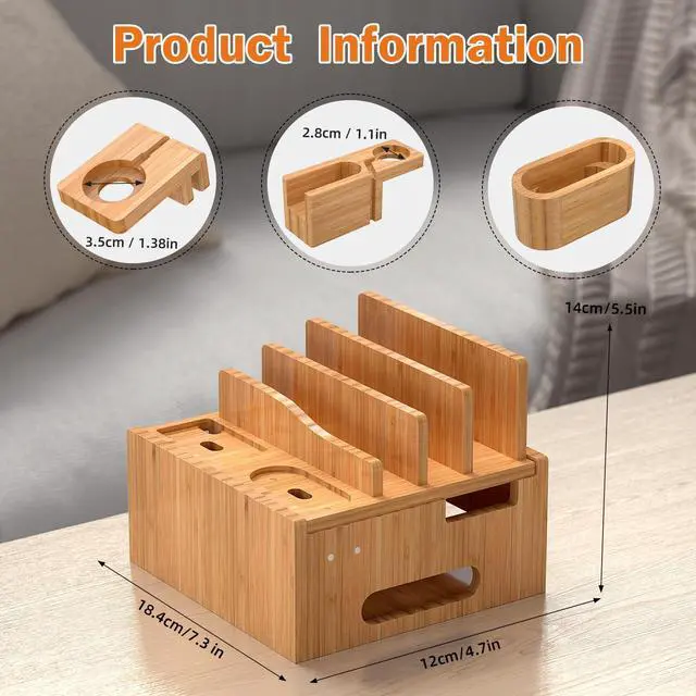 Alt view image 7 of 7 - Pezin & Hulin Multiple USB Charging Station, Wooden Bamboo Dock Station for Cell Phones, Tablets, Earpods and Smart Watch, Including Power Charger HUB, 5 Cables -Natural Bamboo