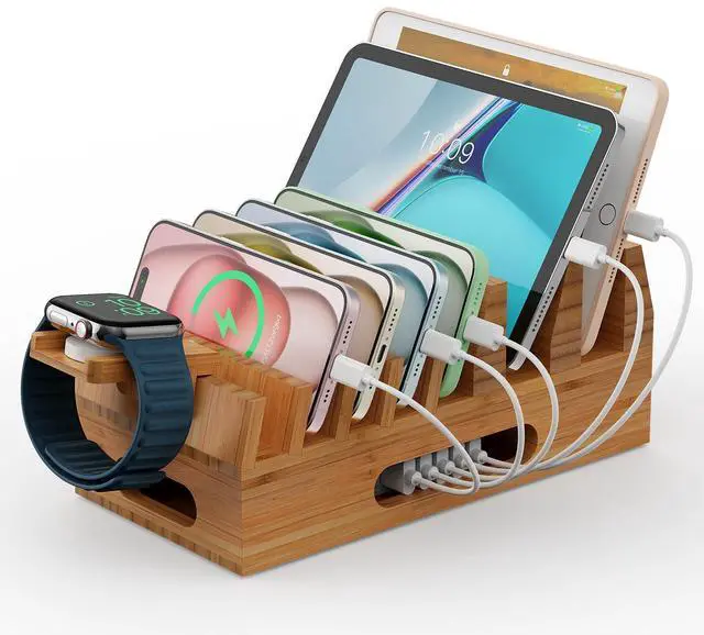 Main image of Pezin & Hulin Bamboo Charging Station Organizer for Multiple Devices & Wood Desktop Docking Charging Stand Such As Cell Phone, Tablets, Phone Case and Watch Stand(No USB Charger)