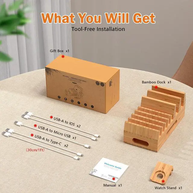 Alt view image 3 of 7 - Pezin & Hulin Bamboo Charging Station Organizer for Multiple Devices & Wood Desktop Docking Charging Stand Such As Cell Phone, Tablets, Phone Case and Watch Stand(No USB Charger)