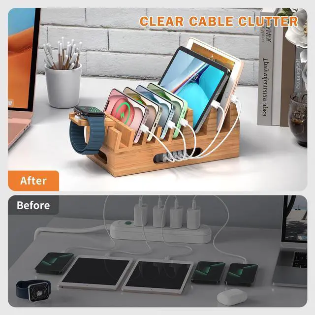 Alt view image 6 of 7 - Pezin & Hulin Bamboo Charging Station Organizer for Multiple Devices & Wood Desktop Docking Charging Stand Such As Cell Phone, Tablets, Phone Case and Watch Stand(No USB Charger)