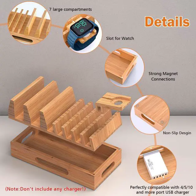Alt view image 4 of 7 - Pezin & Hulin Bamboo Charging Station Organizer for Multiple Devices & Wood Desktop Docking Charging Stand Such As Cell Phone, Tablets, Phone Case and Watch Stand(No USB Charger)