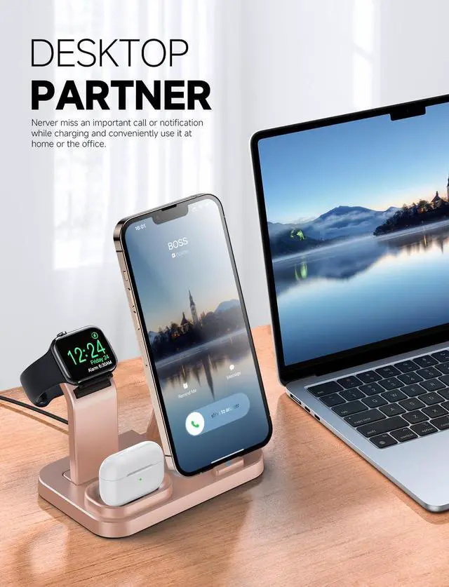 Alt view image 2 of 7 - Wireless Charging Station 3 in 1 RJR Compatible with Apple Devices, Charging Dock for iWatch, Built-in Wireless Charger Stand for iPhone Series AirPods Gifts (with 18W Adapter) Rose Gold