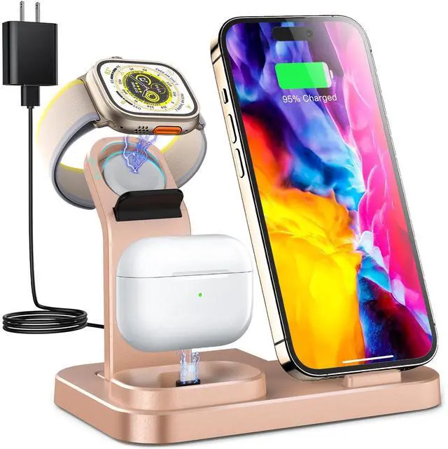 Main image of Wireless Charging Station 3 in 1 RJR Compatible with Apple Devices, Charging Dock for iWatch, Built-in Wireless Charger Stand for iPhone Series AirPods Gifts (with 18W Adapter) Rose Gold