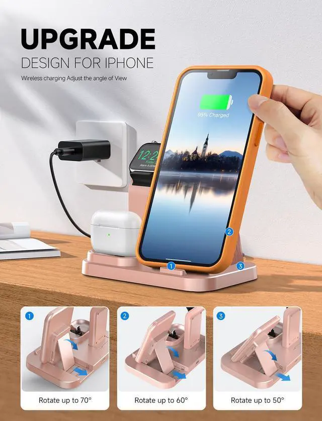 Alt view image 5 of 7 - Wireless Charging Station 3 in 1 RJR Compatible with Apple Devices, Charging Dock for iWatch, Built-in Wireless Charger Stand for iPhone Series AirPods Gifts (with 18W Adapter) Rose Gold