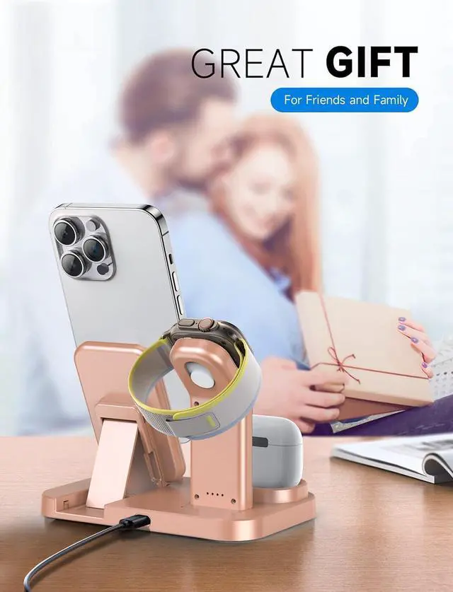 Alt view image 7 of 7 - Wireless Charging Station 3 in 1 RJR Compatible with Apple Devices, Charging Dock for iWatch, Built-in Wireless Charger Stand for iPhone Series AirPods Gifts (with 18W Adapter) Rose Gold