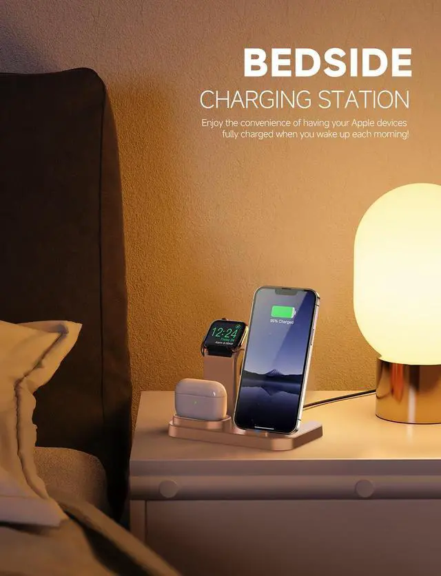 Alt view image 3 of 7 - Wireless Charging Station 3 in 1 RJR Compatible with Apple Devices, Charging Dock for iWatch, Built-in Wireless Charger Stand for iPhone Series AirPods Gifts (with 18W Adapter) Rose Gold