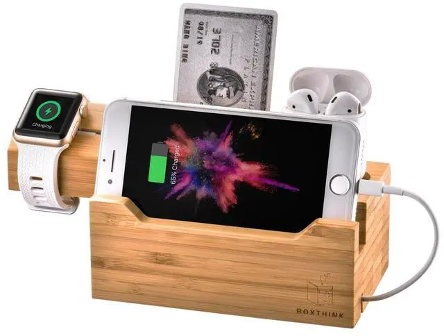 Main image of Charging Station for Apple Watches, iPhones, Air Pod Apple Watch Charger Stand Air Pods Charging Dock Bamboo Wood Charging Station with 3 USB Power Ports
