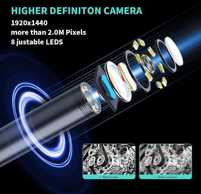 Alt view image 2 of 6 - 16.4ft Endoscope Camera with Light for iPhone and Android, 1920P HD IP67 Waterproof Borescope with 8 Adjustable LED Lights, Semi-Rigid Snake Camera, 7.9mm Black