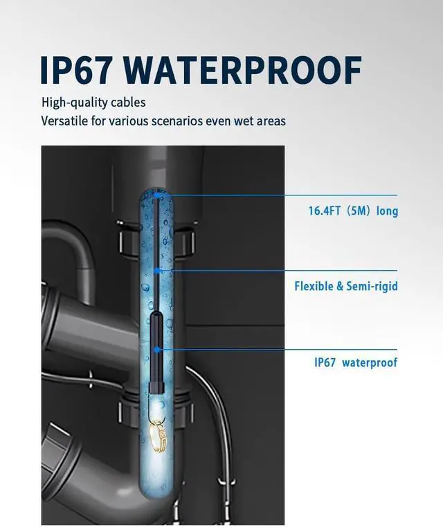 Alt view image 3 of 6 - 16.4ft Endoscope Camera with Light for iPhone and Android, 1920P HD IP67 Waterproof Borescope with 8 Adjustable LED Lights, Semi-Rigid Snake Camera, 7.9mm Black