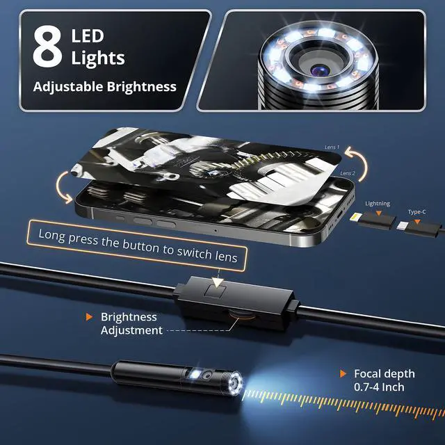 Alt view image 2 of 7 - [Dual-Lens] Borescope,Endoscope Camera with Light,1920P Inspection Camera with 8+1 Adjustable LED Lights, 16.5ft Semi-Rigid Cable Snake Endoscope for iPhone, iPad, Samsung