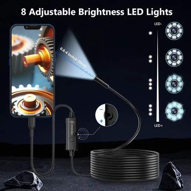 Alt view image 4 of 7 - Endoscope Camera with Light, 1920P HD Borescope Camera for iPhone, 16.4 Ft Semi-Rigid Snake Camera - 8 Adjustable LEDs, IP67 Waterproof Inspection Tools for iOS and Android, Cool Gadgets for Men