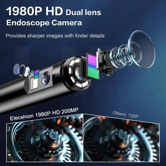 Alt view image 2 of 7 - Dual Lens Endoscope Borescope Inspection Camera with 8 Adjustable LED Lights - 1980P Endoscope Camera with 16.5ft Semi Rigid Snake - IP68 Waterproof for iPhone, iPad, Android