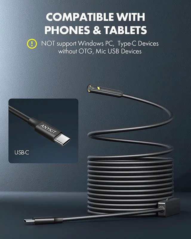 Alt view image 3 of 7 - Anykit Dual Lens Endoscope Camera, Type-C Borescope with 8 Adjustable LED Lights, IP67 Waterproof 16.5ft Semi-Rigid Snake Cord Inspection Camera Compatible with Type C iPhone 15 & Android Phone