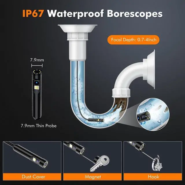 Alt view image 5 of 7 - Endoscope Camera with Light, 1920P Dual Lens Borescope with 8+1 LED Light, IP67 Waterproof Portable Borescope Camera with Light for Android, iPhone, iPad (Dual Lens-33FT)