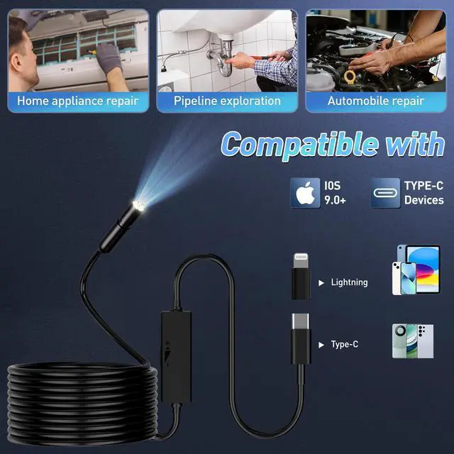 Alt view image 6 of 7 - Endoscope Camera with Light, 16.4ft Semi-Rigid Snake Inspection Camera, 1920P HD Borescope with 8 Adjustable LED Lights, 7.9mm IP67 Waterproof Drain Pipe Borescope for iOS and Android