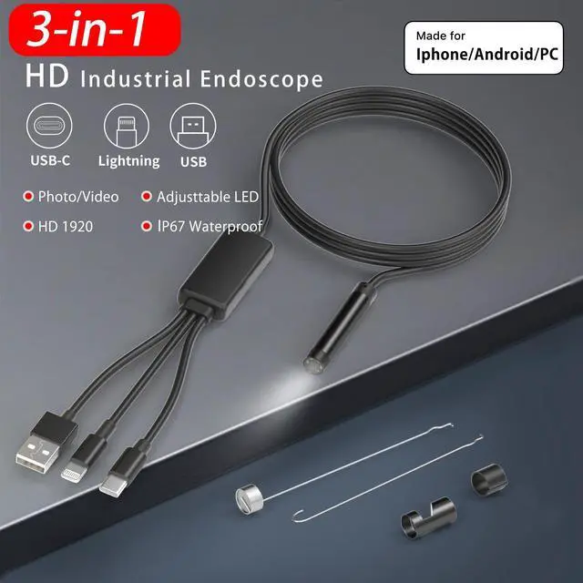 Alt view image 4 of 6 - Borescope, Endoscope 3-in-1 USB HD Inspection Camera with 16.5FT Semi-Rigid Snake Cable, 8mm Waterproof IP67 Industrial Endoscope for Android, iOS and PC