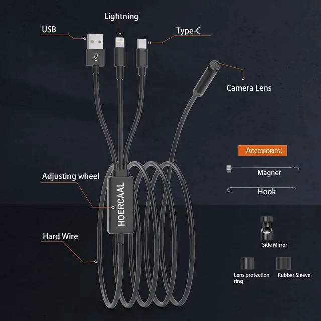 Alt view image 6 of 6 - Borescope, Endoscope 3-in-1 USB HD Inspection Camera with 16.5FT Semi-Rigid Snake Cable, 8mm Waterproof IP67 Industrial Endoscope for Android, iOS and PC