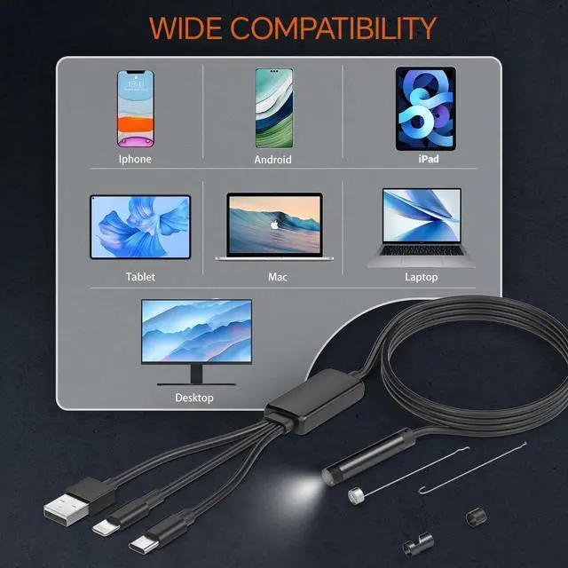 Alt view image 5 of 6 - Borescope, Endoscope 3-in-1 USB HD Inspection Camera with 16.5FT Semi-Rigid Snake Cable, 8mm Waterproof IP67 Industrial Endoscope for Android, iOS and PC