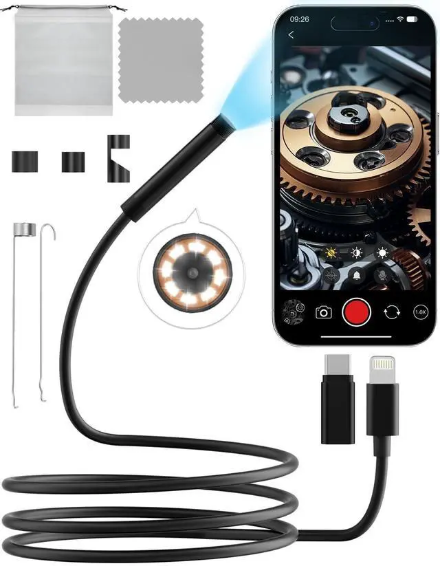Main image of Endoscope Camera with Light 1920P HD, 6FT Semi-Rigid Snake, 8 Adjustable LED Light, 8mm IP67 Waterproof Inspection Camera for iOS