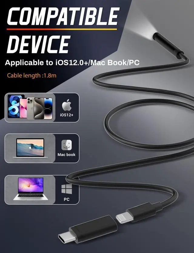 Alt view image 2 of 7 - Endoscope Camera with Light 1920P HD, 6FT Semi-Rigid Snake, 8 Adjustable LED Light, 8mm IP67 Waterproof Inspection Camera for iOS