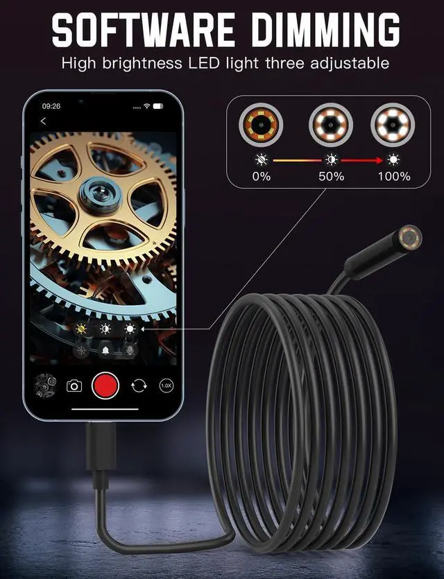 Alt view image 5 of 7 - Endoscope Camera with Light 1920P HD, 6FT Semi-Rigid Snake, 8 Adjustable LED Light, 8mm IP67 Waterproof Inspection Camera for iOS