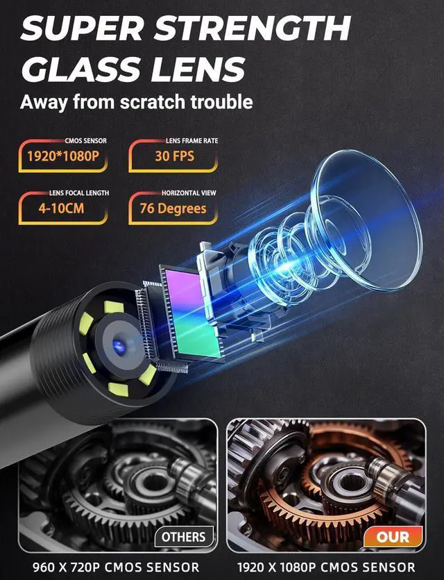 Alt view image 3 of 7 - Endoscope Camera with Light 1920P HD, 6FT Semi-Rigid Snake, 8 Adjustable LED Light, 8mm IP67 Waterproof Inspection Camera for iOS