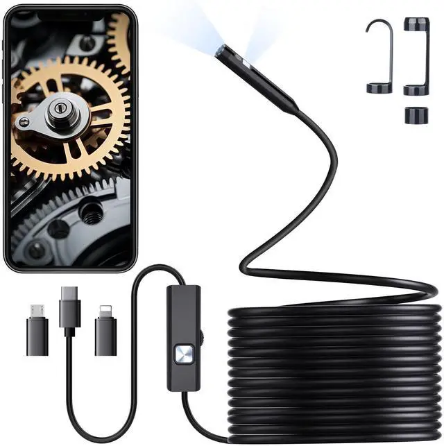 Main image of Preciva Endoscope Camera with Dual Lenses, 1920P HD Borescope Camera with 8 Adjustable LED Lights, 16.5ft Semi-Rigid for iOS and Android