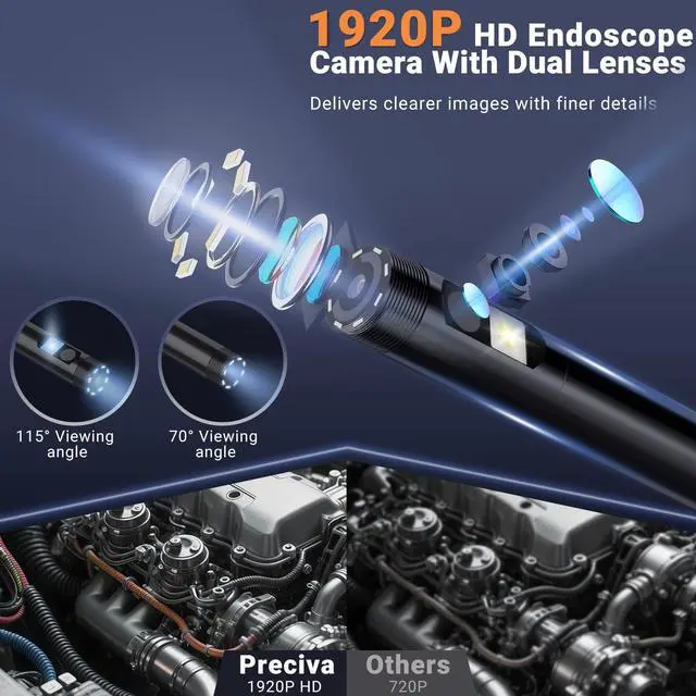 Alt view image 2 of 7 - Preciva Endoscope Camera with Dual Lenses, 1920P HD Borescope Camera with 8 Adjustable LED Lights, 16.5ft Semi-Rigid for iOS and Android
