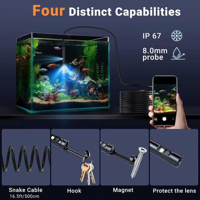 Alt view image 5 of 7 - Preciva Endoscope Camera with Dual Lenses, 1920P HD Borescope Camera with 8 Adjustable LED Lights, 16.5ft Semi-Rigid for iOS and Android