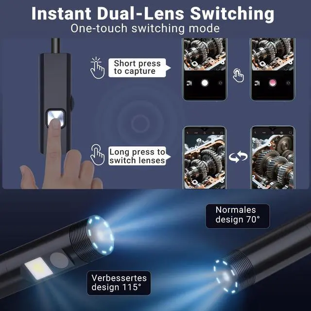 Alt view image 3 of 7 - Preciva Endoscope Camera with Dual Lenses, 1920P HD Borescope Camera with 8 Adjustable LED Lights, 16.5ft Semi-Rigid for iOS and Android
